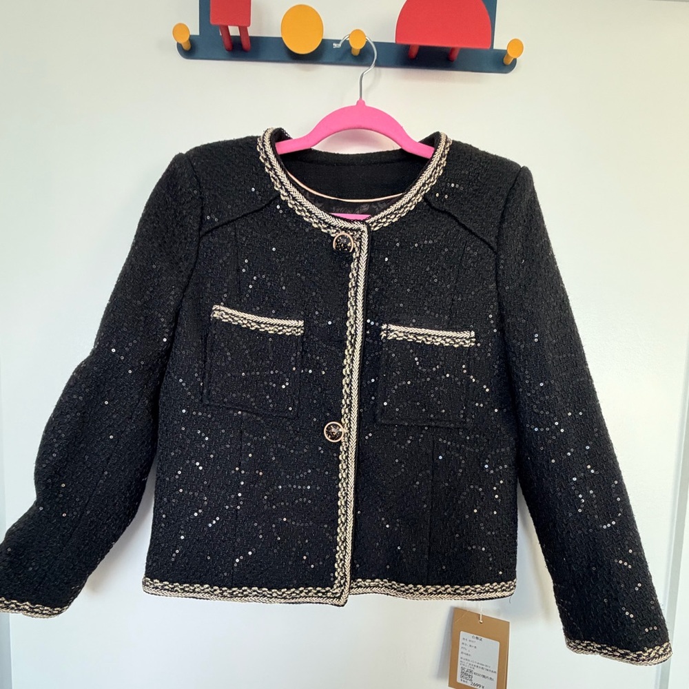 Chic Black Women's Blazer with Gold Trim